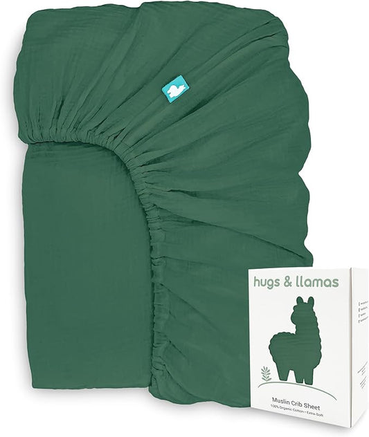 Hugs & Llamas | 100% Organic Cotton Muslin Fitted Crib Sheet | Baby Crib Sheets for Boys & Girls - Neutral (Meadow Mist)