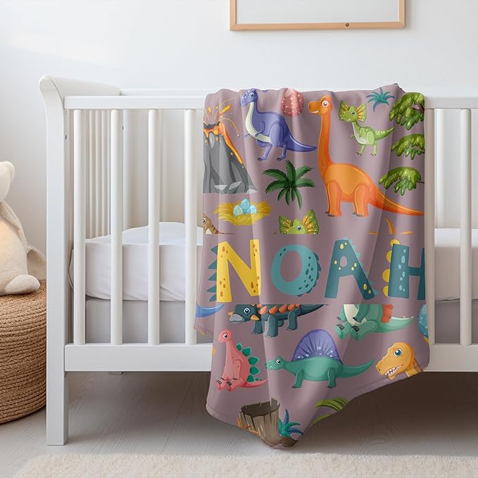 Personalized Dinosaur Baby Blanket with Name, Custom Easter Blanket for Boys, Girls & Kids, Soft Newborn