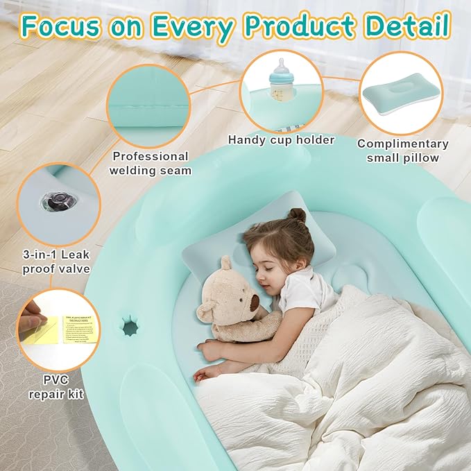 Inflatable Toddler Travel Bed - Blow Up Mattress for Kids with Waterproof Sheet Protector Portable Toddler Bed Baby Air Mattress with 3 Sides, Cozy Kids Air Mattress Set with High-Speed Pump