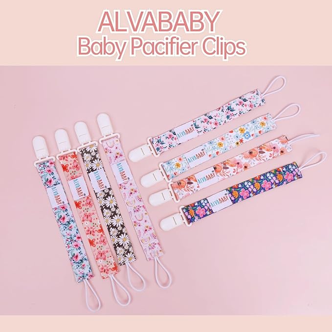 ALVABABY Pacifier Clips Floral 8 Packs Paci Clip Holder Leashes for Baby Girls Fits Teething Rings