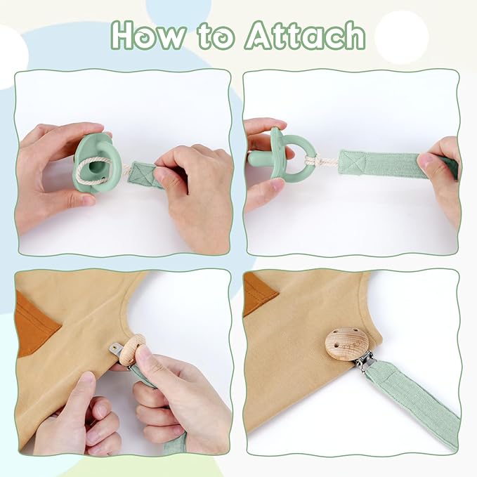 TYRY.HU Ribbon Pacifier Clip Holder,4 Pack Binky Paci Holder Clips, Pacifier Leash for Boys and Girls, Soft Webbing Strap Universal Fits for Most Pacifier, Styles & Teethers(Khaki,Grey,Green,Pink)