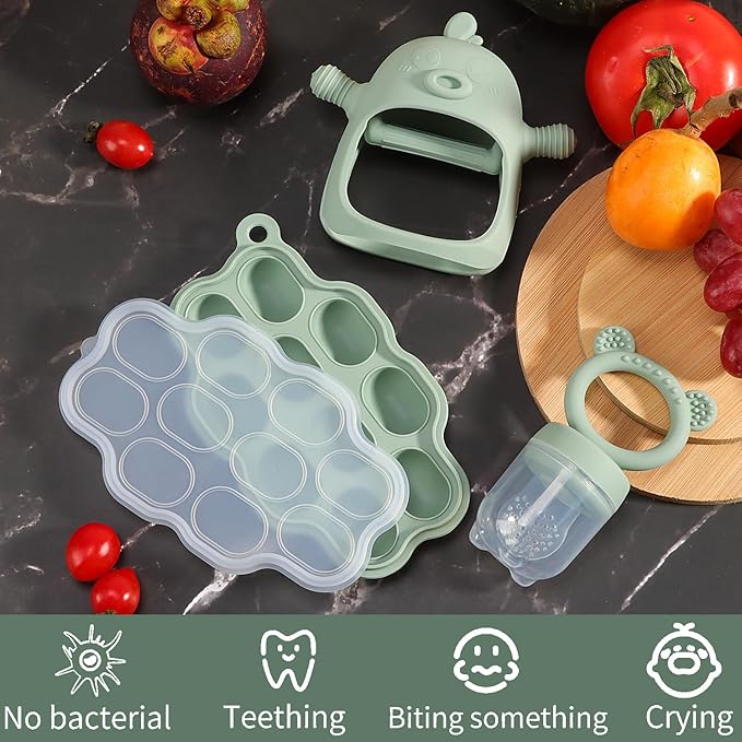 Baby Fruit Feeder Pacifier - 3 Pack | 1 Baby Food Feeder & 1 Baby Teether & 1 Baby Popsicle Molds | Breastmilk Popsicle Molds | Baby Teething Toys | Baby Fruit Food Feeder Pacifier Babies (Pea Green)