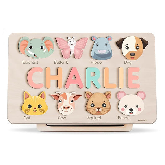 Custom Baby Name with Animals Puzzle, Personalized Name Puzzle, Baby Girl Gift, Baby Boy Gift, Handmade Wooden Christmas Gift for Kids, 1st Birthday,