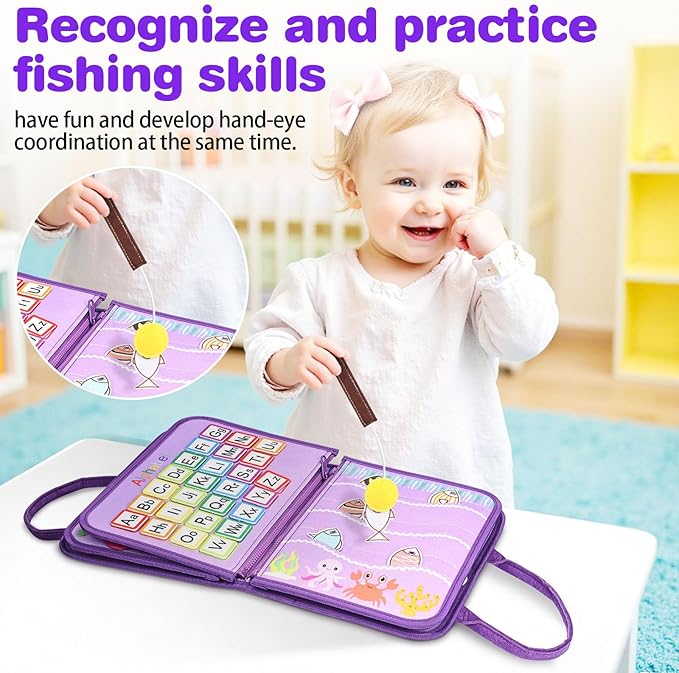 Busy Board Montessori Toys for Toddlers 1-3, Birthday Gifts for 1 2 3 4 Year Old Girl, Autism Sensory Travel Toy, Educational Activity Book Board for Learning Fine Motor Skills Toys, Purple