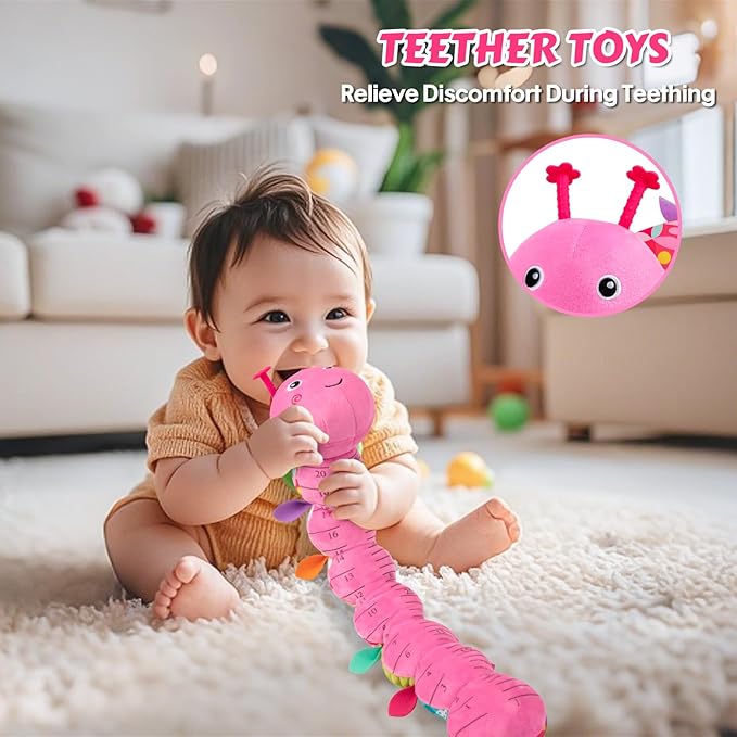 Baby Toys Musical Caterpillar, Infant Stuffed Animal for 0-6 6-12 Months with Crinkle and Rattles, Tummy Time Sensory Toys Newborn Boys Girls Gifts 0 3 6 9 12 Months - Pink