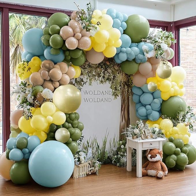 Blue Yellow Green Balloon Garland Double Stuffed Sage Green Dusty Blue Yellow Gold Balloons Pastel Balloon Arch Kit for Bear Baby Shower Wild One Birthday Wedding Anniversary Party Decorations