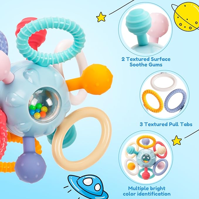 Baby Teething Toys for 0-6 6-12 Months, BPA Free Food Grade Silicone Teether, Infant Sensory Chew Rattles Toys, Gifts for Infant Newborn Boys Girls 0 3 6 9 12 18 Months, Blue