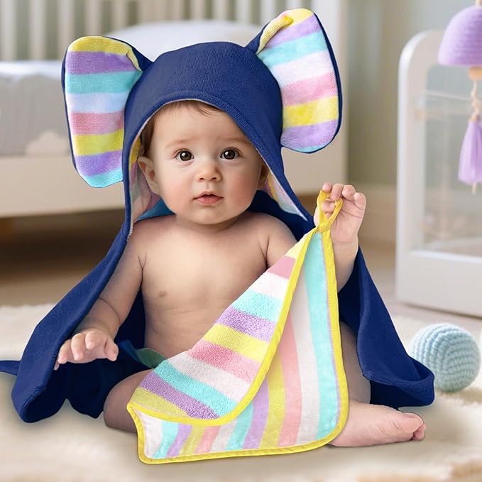 VOOVA & MOVAS Baby Hooded Bath Towel - 100% Cotton, 33x23.5 Inches,0-3Years, Super Absorbent Large Towel with Cute Elephant Ears Hood for Newborn, Baby, Toddler,Navy