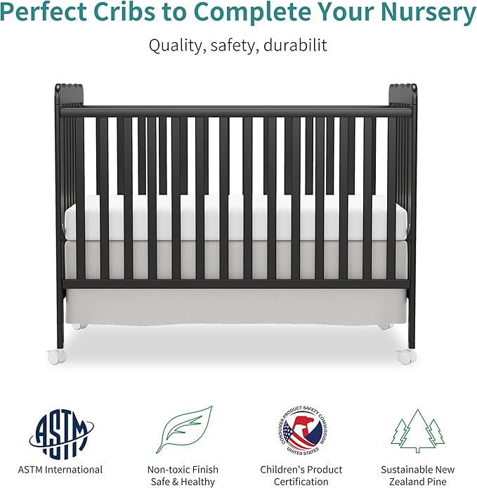 4 in 1 Convertible Baby Crib, Wooden Nursery Cribs Converts into Toddler Bed and Daybed, 3 Adjustable Base, Non-Toxic Finishes, Removable Wheels (Black)