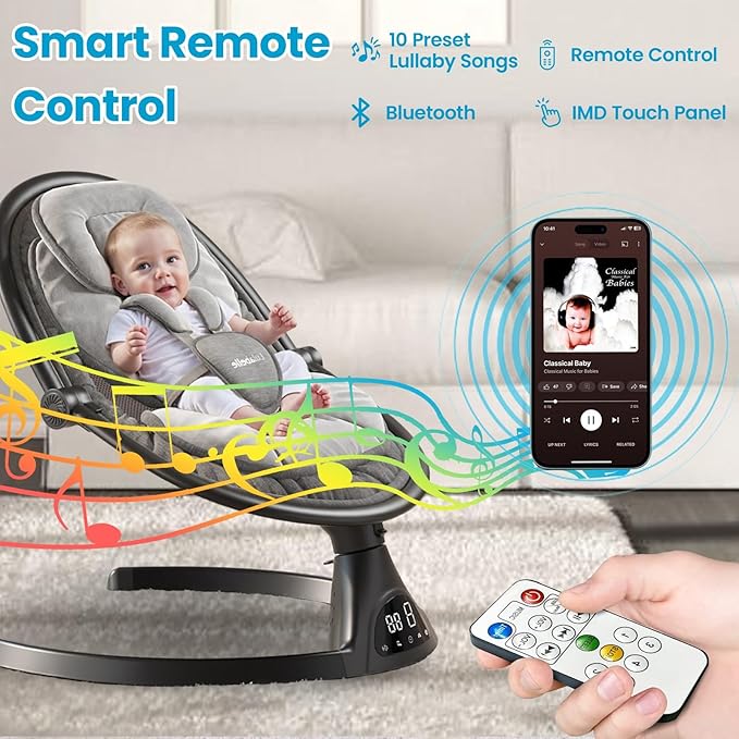 Baby Swings for Infants - Lulabelle Portable Infant Swing with Adjustable Height, 5 Sway Speeds with Remote Control, Lullaby Songs, Stationary Seat Baby Swing - for Girls & Boys.