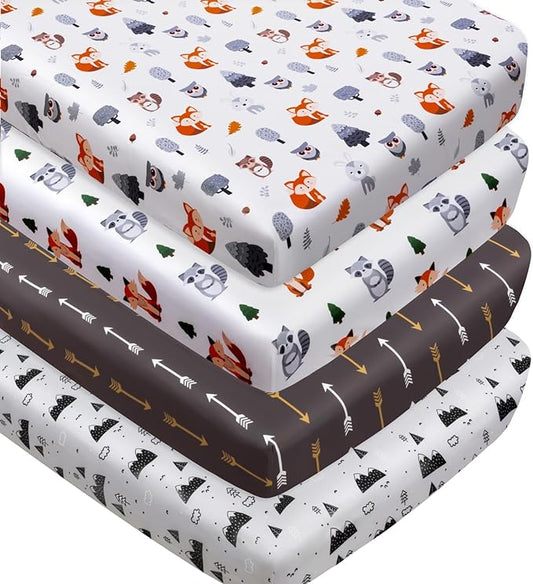 4 Pack Woodland Forest Animals Wood Neutral Unisex Fitted Baby Crib Sheets Set for Baby Boys or Girls Fox
