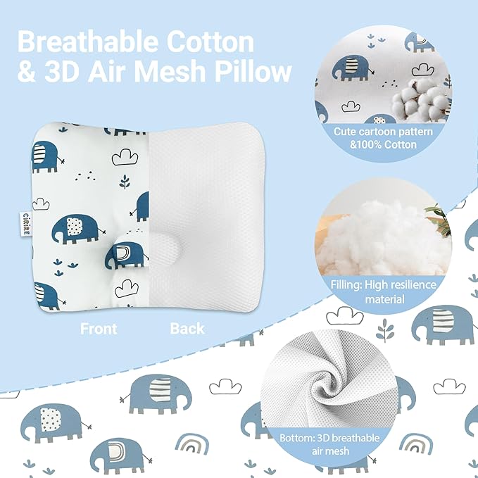 Unisex Soft and Breathable Baby Pillow 100% Organic Cotton Machine Washable Prevent Flat Head