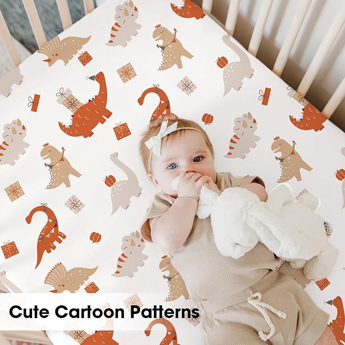 Bimocosy Mini Crib Sheets,Pack and Play Sheets for Baby Girl Boy 4 Pack,Size 38"x 26" for Playard Mattress,Portable Mini Crib,Soft Pack N Play Sheets Fitted, Dinosaur/Leaves/Khaki/Ivory