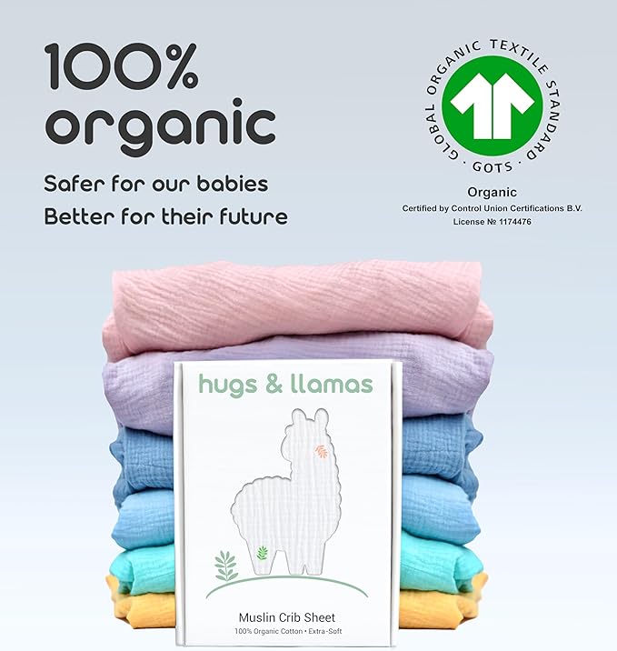 Hugs & Llamas | 100% Organic Cotton Muslin Fitted Crib Sheet | Premium Baby Sheets for Boys & Girls | Neutral Mattress Sheet