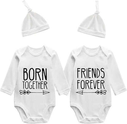 YSCULBUTOL Baby Twins Bodysuits Best Friends Forever Baby Clothes Set with Bibs Girl Outfit with hat