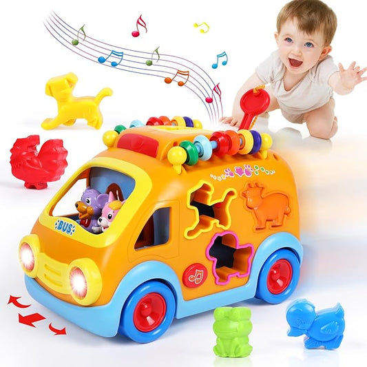 Toy Cars for 1 Year Old Boy Gifts Baby Toys 12-18 Months, Musical Learning Toys for Toddlers 1-3, Educational Baby Bus with Animal Blocks, Christmas Birthday Gift for 1 2 3 4 Year Old Boys Girls Kids
