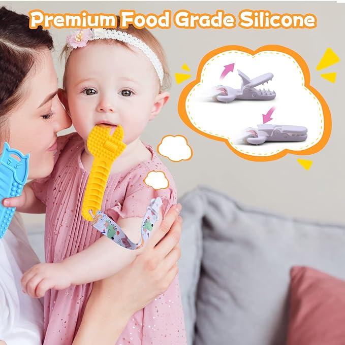 Baby Teething Toys for 0-6 / 6-12 Months - Molar Teether Chew Toys Set BPA Free Silicone, Soft Textures - Hammer Wrench Scissors Shape Gift 5-Pack