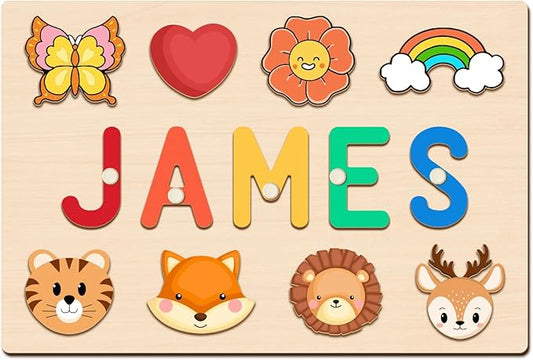 Name Puzzle for Kids Personalized, First Birthday for Baby Boy Girl, Wooden Name Puzzles for Toddlers 1-3, Educational Toys for 1 Year Old (Animal)