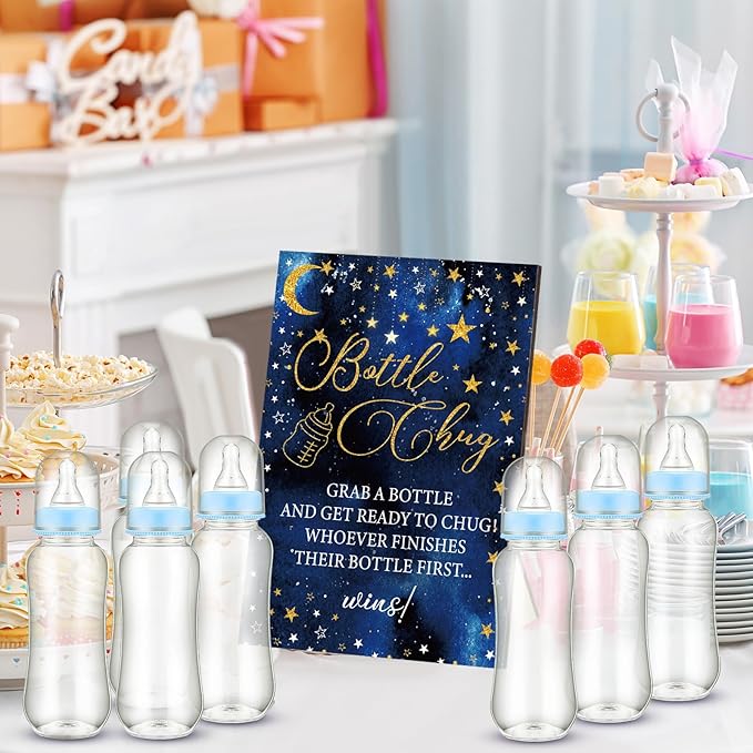TrelaCo Star Cool Baby Shower Games Bottle Chug Sign Wooden Twinkle Moon and Star Gift Sets Gender Reveal Party Favors and 12 Pcs Baby Bottle Shower Favor for Gender Reveal Game