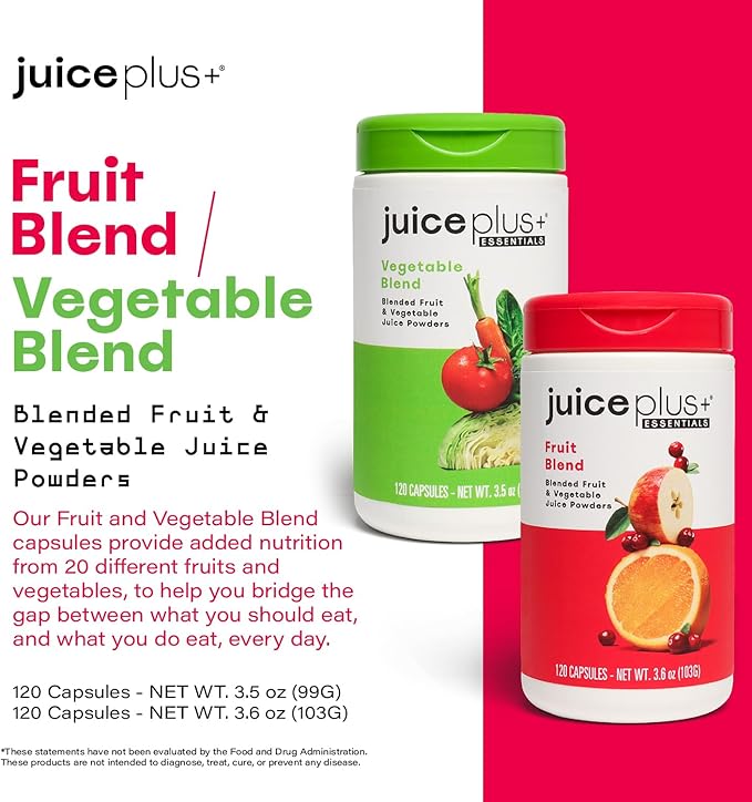 JuicePlus+ Fruit and Vegetable Blend: for Solid Nutritional Foundation - Boost Family's Health with 20 Fruits & Veggies Plus Plant Nutrients - Prepacked 2 Bottles (60 Servings of Fruit, 60 of Veg)