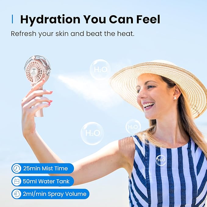 KIBEE Portable Misting Fan - 4000mAh Rechargeable, 50ml Water Tank, Foldable 180° Handheld Fan with Mist Spray, 3-Speed Personal, Portable Charger for Travel, Outdoors, Makeup & More(Pink)