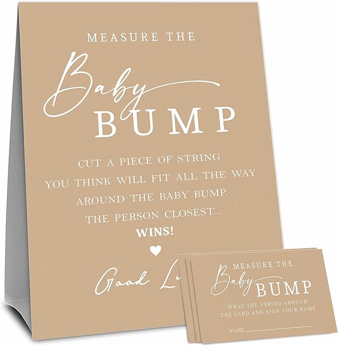 Baby Shower Measure The Baby Bump, Brown Measure Mommy's Belly Game Set - 1 Self-Standing Sign And 50 Tickets - Gender Reveal, Baby Shower, Baby Announcement Activity & Party Favor Supplies - A08