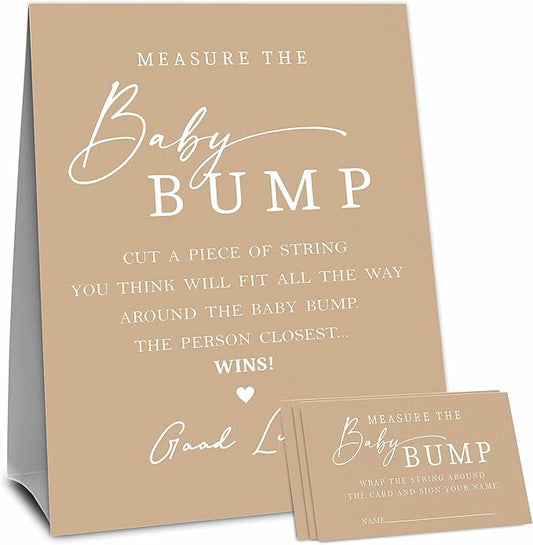 Baby Shower Measure The Baby Bump, Brown Measure Mommy's Belly Game Set - 1 Self-Standing Sign And 50 Tickets - Gender Reveal, Baby Shower, Baby Announcement Activity & Party Favor Supplies - A08