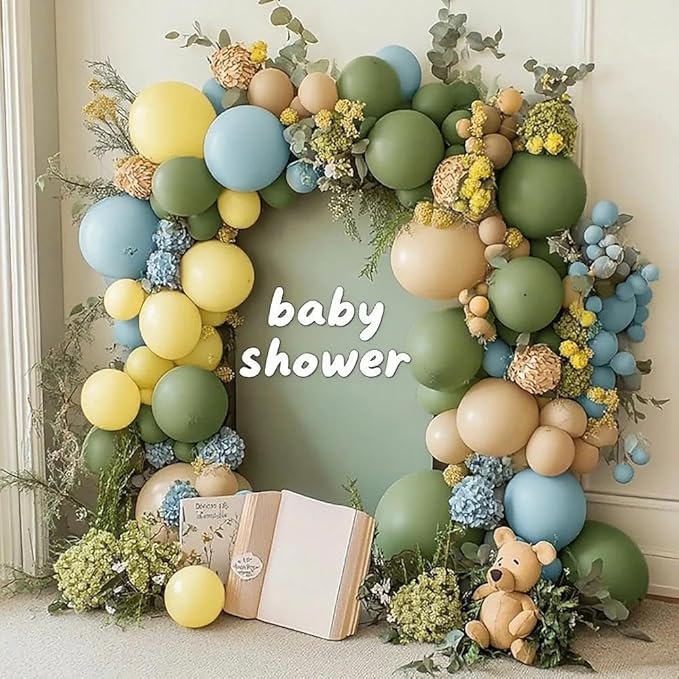 Blue Yellow Green Balloon Garland Double Stuffed Sage Green Dusty Blue Yellow Gold Balloons Pastel Balloon Arch Kit for Bear Baby Shower Wild One Birthday Wedding Anniversary Party Decorations
