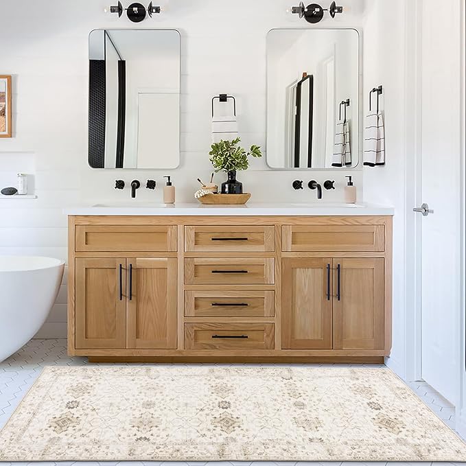 ReaLife Rugs Machine Washable Area Rug Runner - Living Room Bedroom Bathroom Kitchen Entryway Office - Padded Low Pile Stain Resistant Premium - Boho Farmhouse Vintage - BEV - Beige 2'6" x 8'