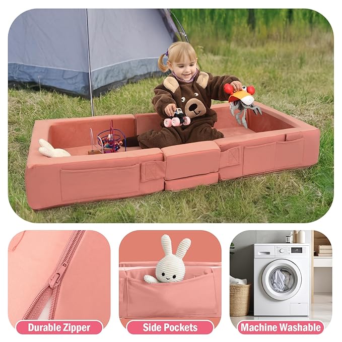 ENITYA Toddler Travel Bed, Folding Floor Cot for Travel, Portable Kids Bed for Sleeping, Washable Toddler Cot for Children 18M – 4yr Old, Pink