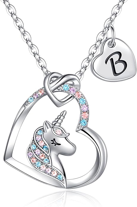 Hidepoo Unicorn Necklace Gifts for Girls Daughter - Colorful CZ Heart Pendant Initial Unicorn Necklaces for Girl Teens Little Girls Jewelry Birthday Gift