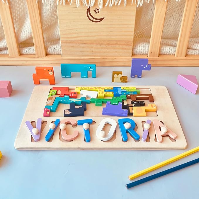 Name Puzzle for Kids Personalized, First Birthday for Baby Boy Girl, Wooden Name Puzzles for Toddlers 1-3, Educational Toys for 1 Year Old (Cute Animal)
