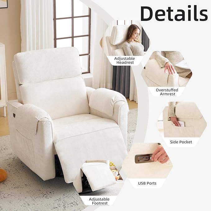Oversized Power Recliner Chair, 26" Extra Wide Swivel Rocker Recliner with Adjustable Headrest, Chenille Glider Rocking Nursery Chair with Overstuffed Armrest, USB Ports, Cream