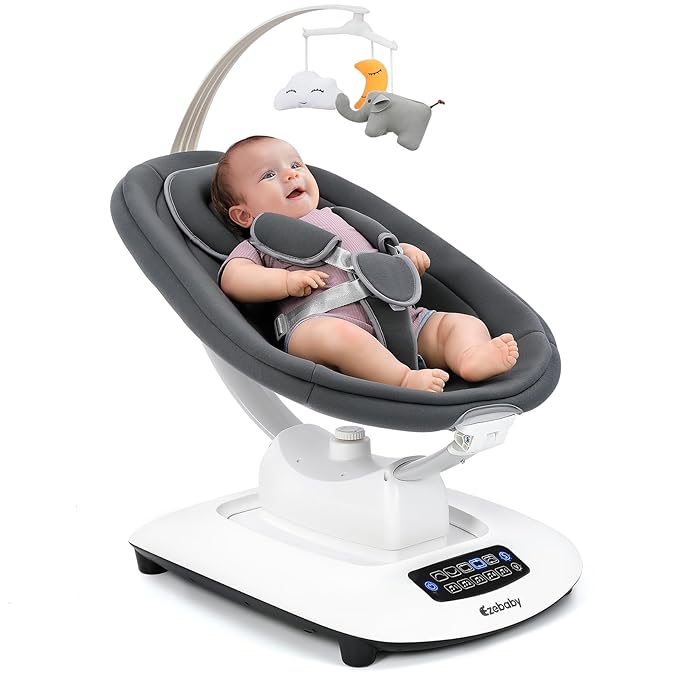 Ezebaby Baby Swing for Infants and Newborns with 5 Unique Motions, Adjustable Speed and Positions, Lullabies, Infant Swing with 5-Point Harness, Baby Swing for Newborn Babies 0-9 Months Grey