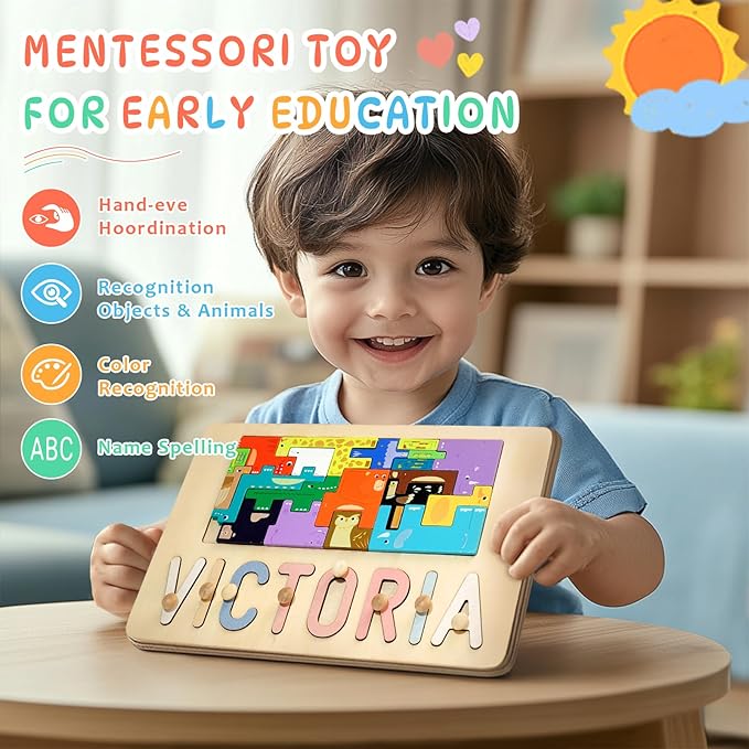 Name Puzzle for Kids Personalized, First Birthday for Baby Boy Girl, Wooden Name Puzzles for Toddlers 1-3, Educational Toys for 1 Year Old (Cute Animal)