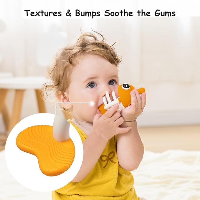Teething Toys 3-6 Months with Pacifier Clip,Soft Silicone Clownfish Teethers for Babies 6-12 Months,Baby Chew Toys for Teething Relief,Sensory Development,Easy to Grip,BPA-Free(Saffron)