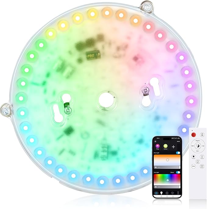 Smart Ceiling Light Replacement Kit, RGB LED Ceiling Fan Light Retrofit Kit, 1800LM, DIY Color, Compatible with Alexa, 2700K-6500K for Bedroom, Living Room, 7 Inch, 120V, ETL