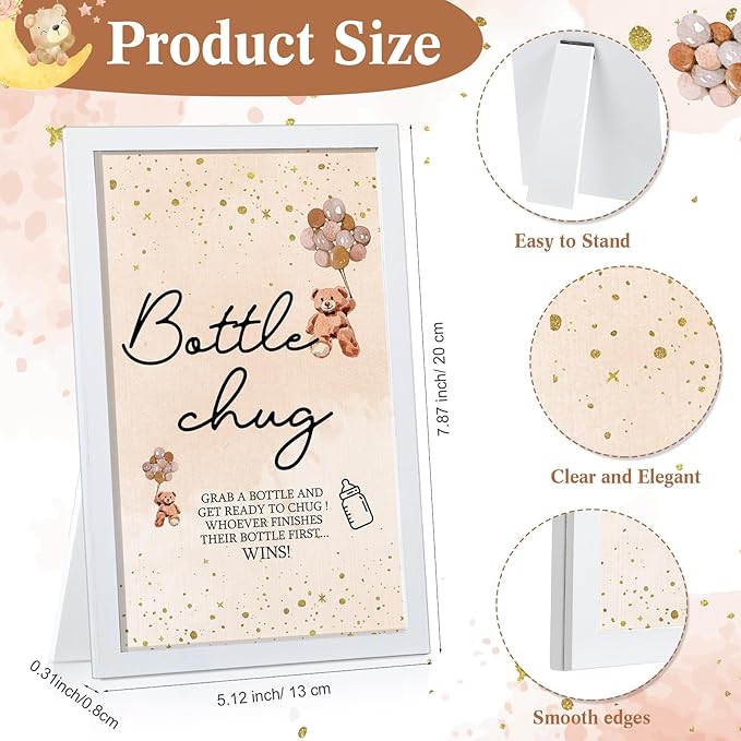 Roowest Bottle Chug Baby Shower Game Favors Including Brown Bear Theme Wooden Sign and 18 Pcs Baby Bottles for Gender Reveal Party Supplies
