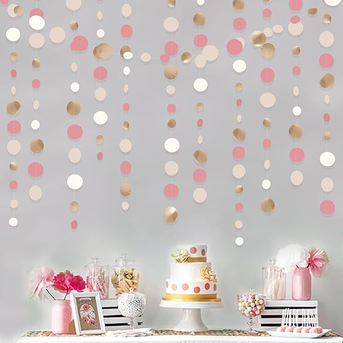 Champagne Gold Dusty Pink Decorations Circle Dots Garland Gold Pink Nude Neutral Cream White Boho Hanging Polka Dot Streamer for Bridal Shower Birthday Wedding Engagement Baby Shower Party Supplies