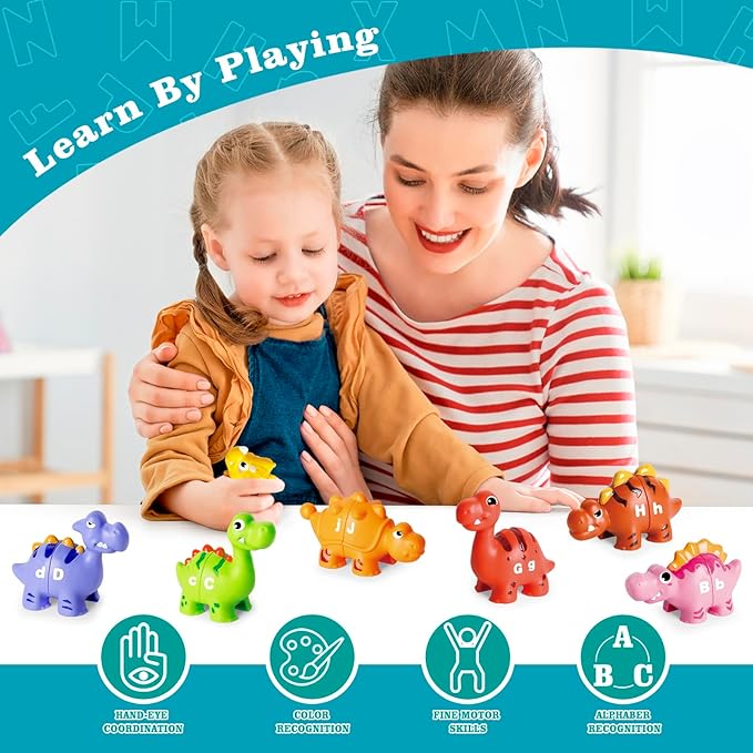 52PCS Dinosaur Alphabet Learning Toys for Toddlers 3-5, 10 Different Dinosaur Figures, Montessori Educational Toys Gifts for Boy Girl, Preschool Learning Activities, Double Sided ABC Matching Game