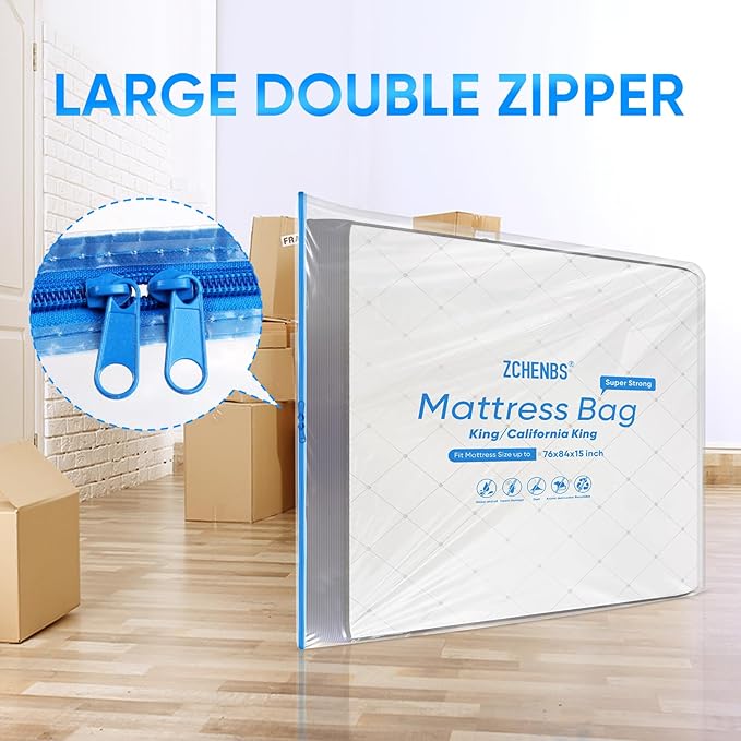 ZCHENBS® – Mattress Bags for Moving and Storage,Mattress Bag with Zippers,5 Mil Ultra-Thick Bed Bag,Waterproof,Anti-Tear,Heavy-Duty Mattress bag (Transaparent/Blue, King/California King-(2 Pack）)