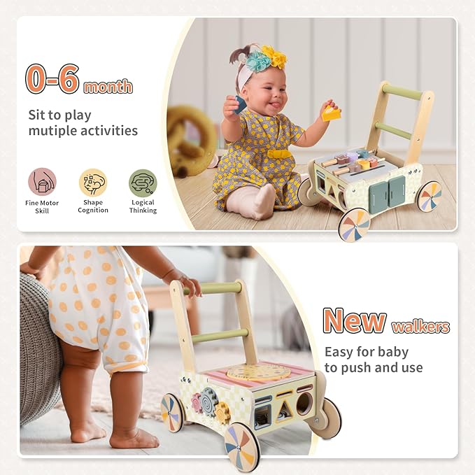 LOL-FUN Wooden Baby Walker with Wheels, Baby Push Walker for Baby Girl and Boy 12 Months, Walking Push Toys 1 Year Old Girl Boy Gifts