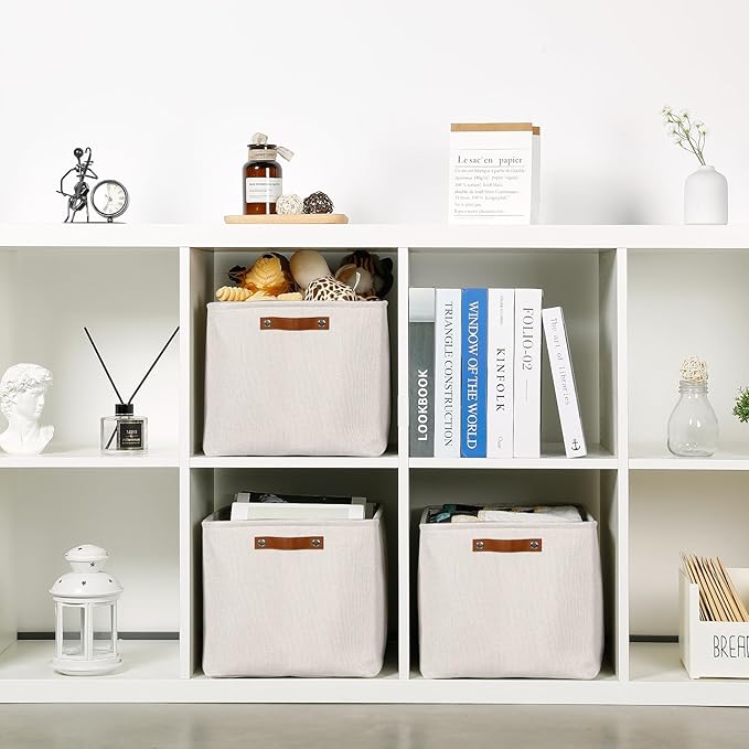HNZIGE Large Fabric Storage Basket Organizers (3 PCS), Foldable Decorative Shelf Baskets with Leather Handles (Cream, 15" x 11" x 9.5")