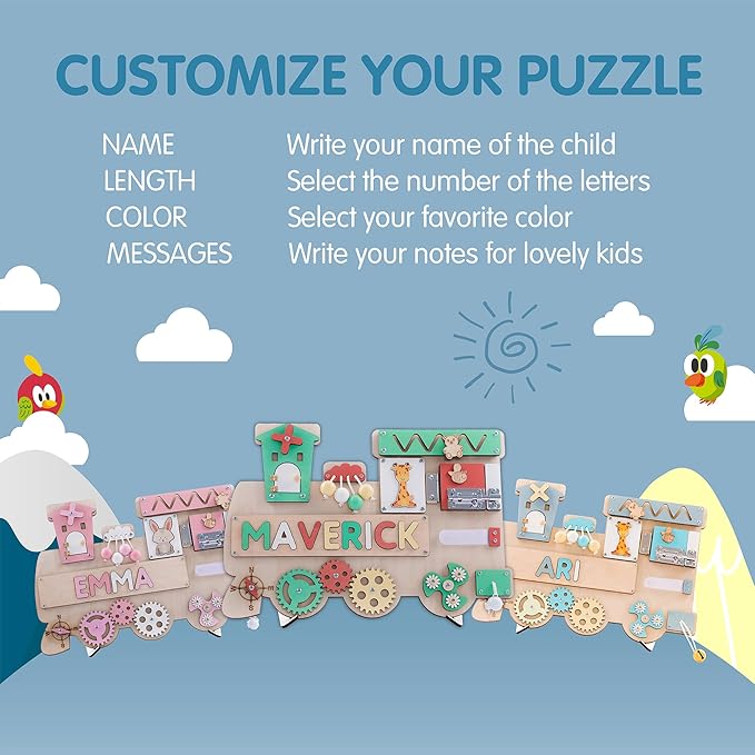 Customized Name Puzzle for Toddlers (Fixed I J Letters) Personalized Toddlers Busy Board, Baby Personalized Board for 1-5 Years Old, Birthday Gift, Montessori Toys (Pastel Boy)