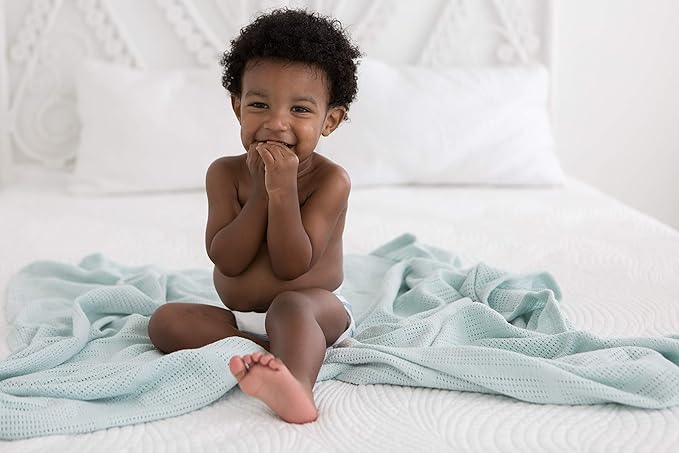 Amazing Baby Cellular Blanket, Premium Cotton Knit, Ultra Soft, Breathable, Cozy Gift for Baby Boys and Girls, Favorite Toddler Blanket, 44 x 44 inches (112 x 112 cm), Soft Blue