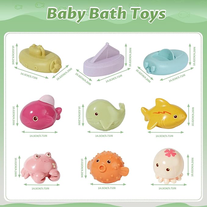 Bath Toys, 9 Pack | Sealed, No Hole & Mold Free Bath Toys Design | Soft, Squeezable & Float on Water | Safe & Non-Toxic Easy-Grip Baby & Toddler Bath Toy Set | Baby Pool Toys