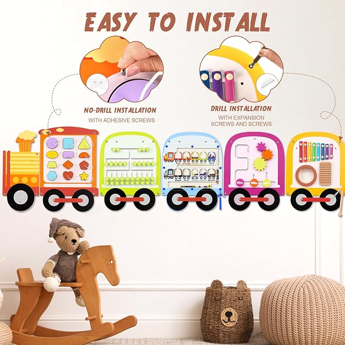 Joyreal Wooden Busy Board Train Activity Wall Panels - Montessori Sensory Wall Toys for Toddlers - Learning Activity Center for Playroom & Daycare Decor - Educational Toy Gift for Boys and Girls 18 M+