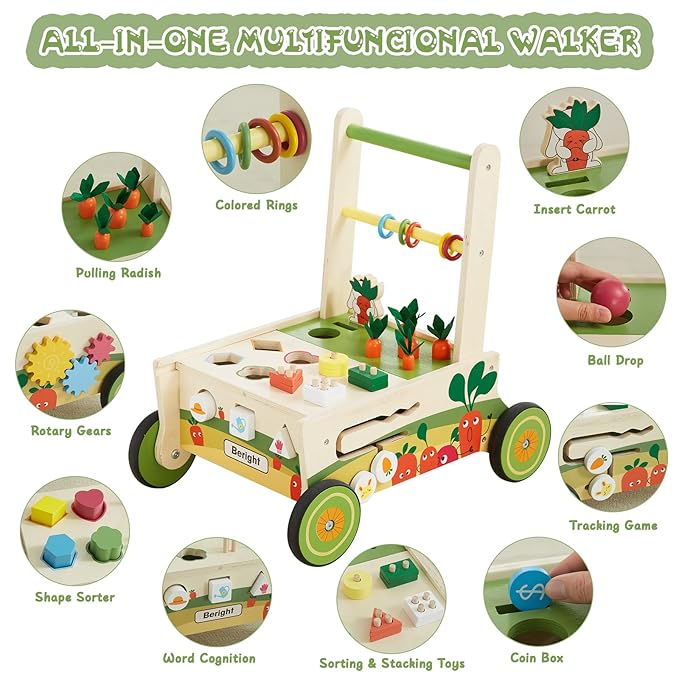 Beright 12-in-1 Wooden Baby Walker, Toddler Activity Center Toys, Wooden Baby Push and Pull Toys, Baby Push Walker, Multiple Play, Develops Motor Skills & Stimulates Creativity, Upgraded