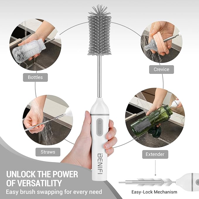 Travelling Electric Bottle Brush Set, Baby Bottle Brush Set, Long Handle Bottle Brush, BPA Free Silicon Bottle Brush, Storage Stand, Milk Mixer, Egg Whisk Included (Gray, Normal)