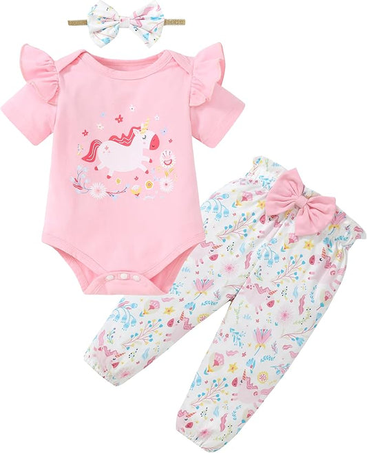 DISAUR Baby Girls Clothes Newborn Infant Baby Girls Outfit Long Sleeve Ruffle Romper Floral Pants Headband Sets 0-18 Months